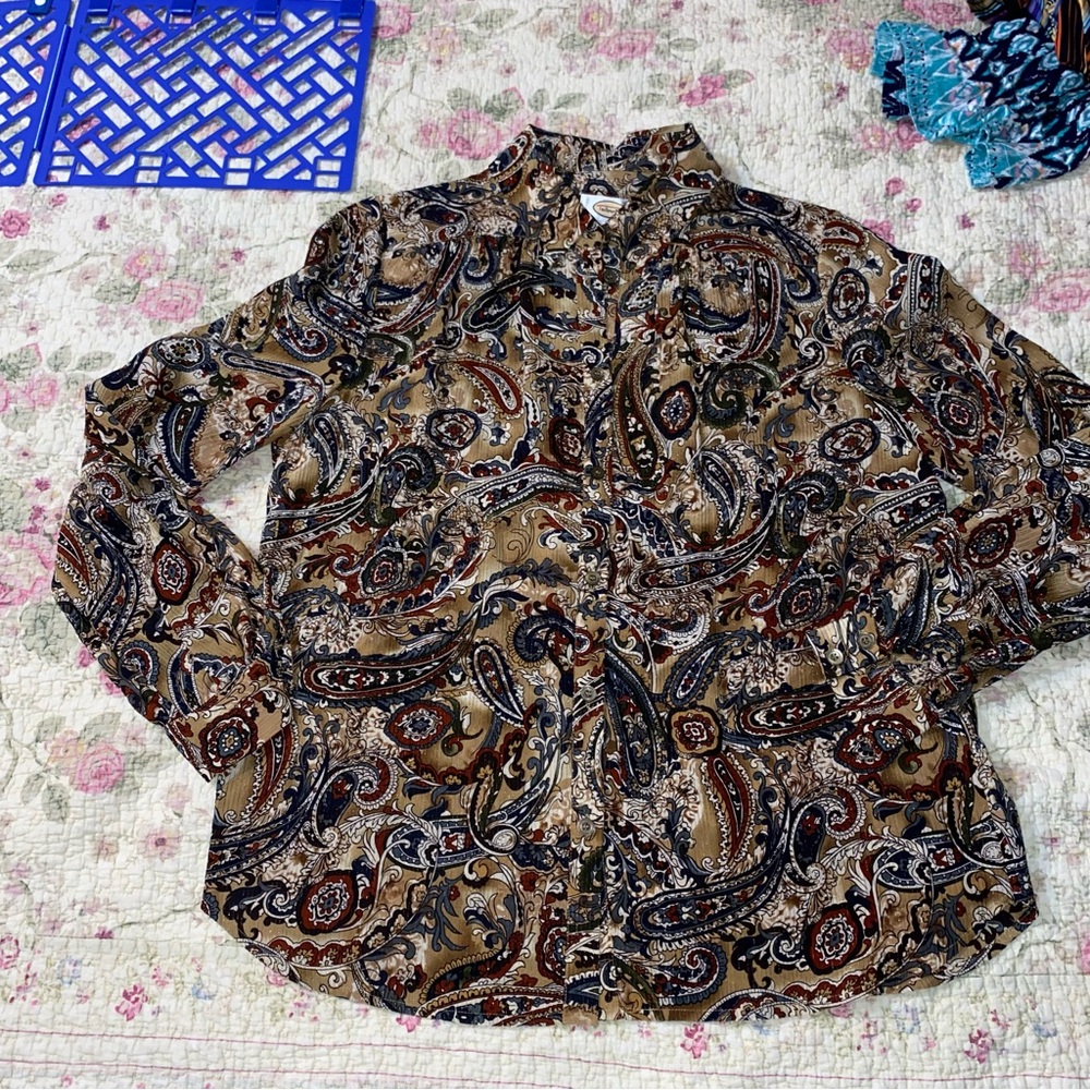 Talbots Blouse Women 10 Silk Blend Paisley Button Up Brown & Gold Sparkle Shirt